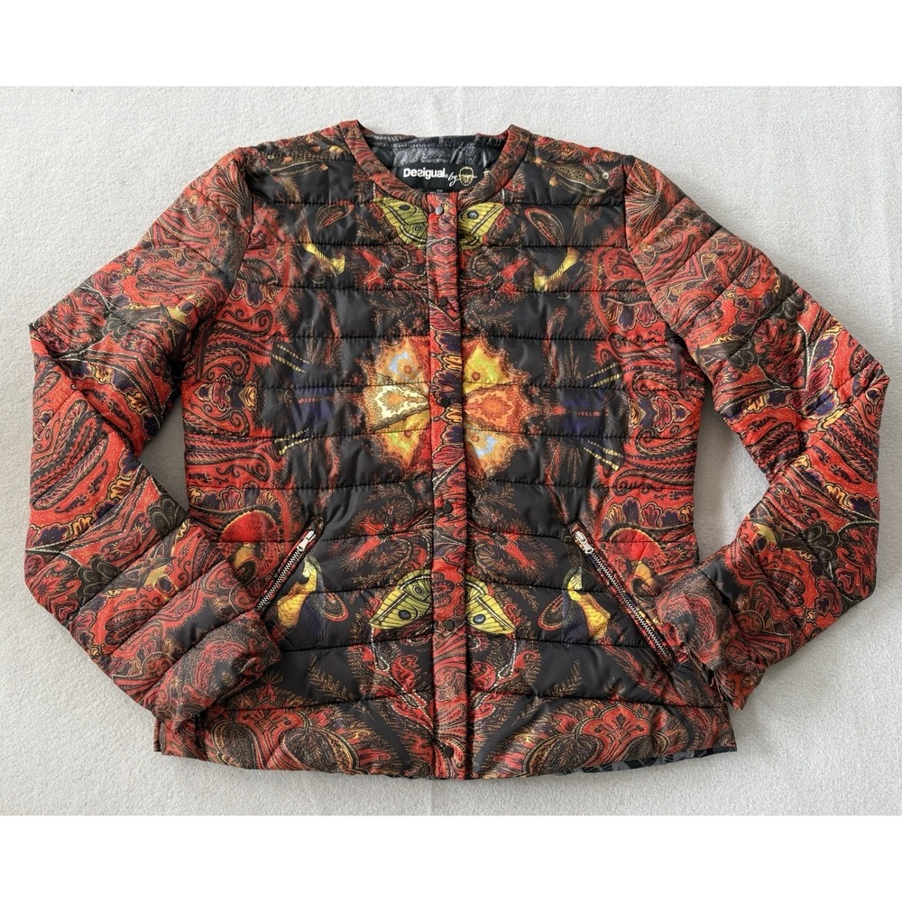 Desigual Quilted Puffer Butterfly Paisley Floral Lightweight Jacket Womens S 40